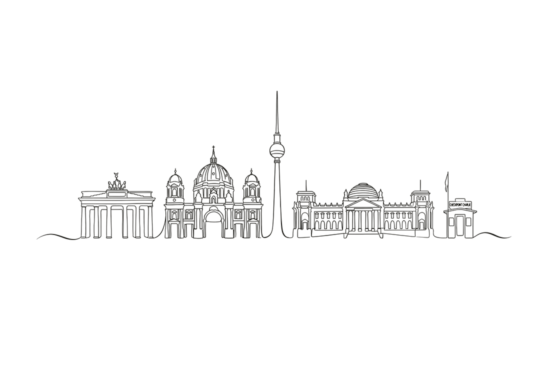 Berlin skyline line art — Brandenburg Gate, Cathedral, TV Tower, Reichstag.