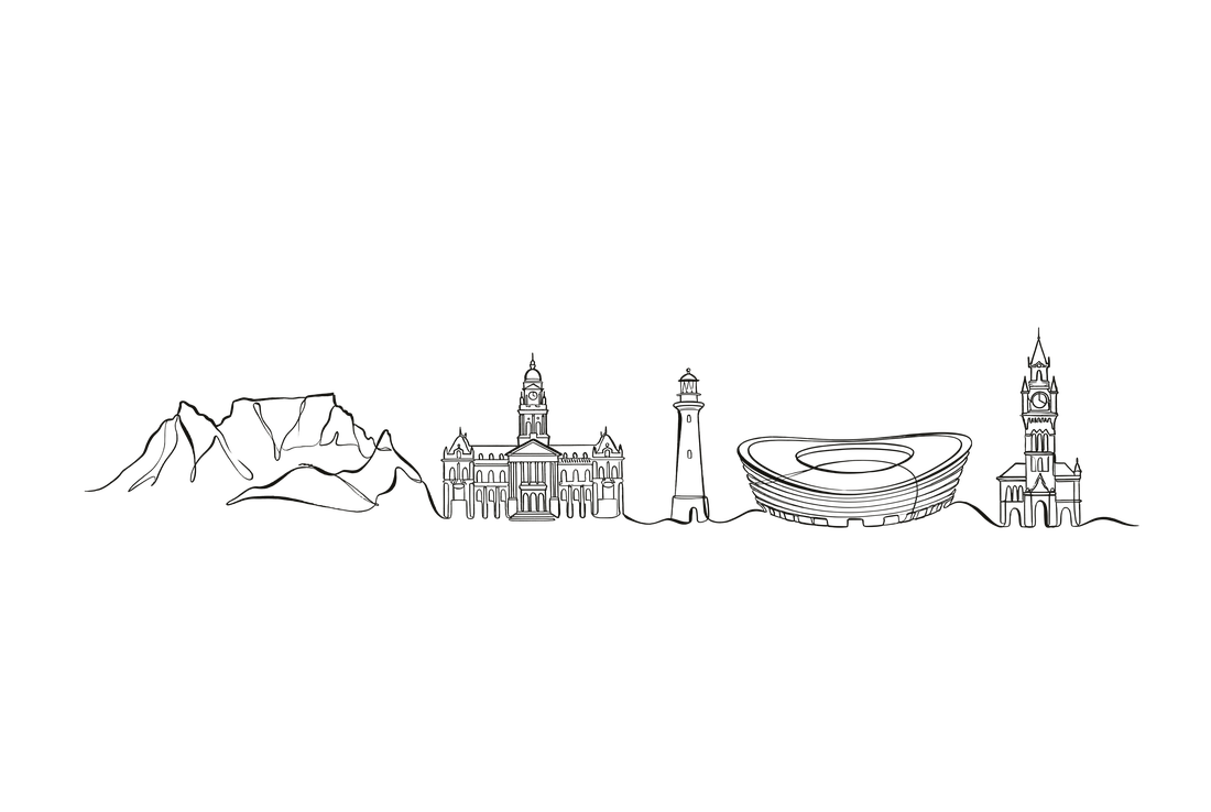 Cape Town skyline line art — Table Mountain, City Hall, lighthouse, stadium.