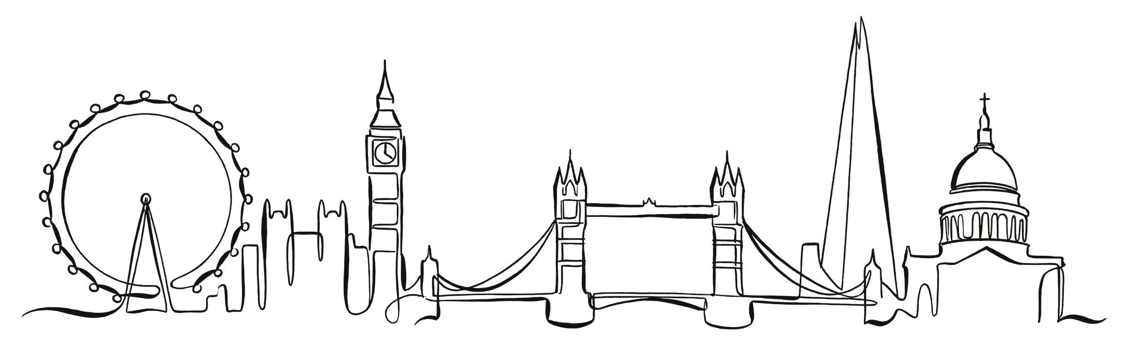 London skyline drawn as a single continuous line — London Eye, Big Ben, Tower Bridge, The Shard and St Paul's Cathedral.