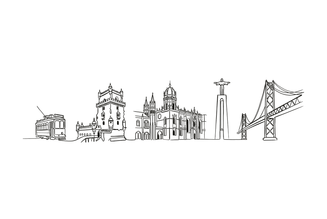 Lisbon skyline line art — tram, Belém Tower, monastery, 25 de Abril Bridge.