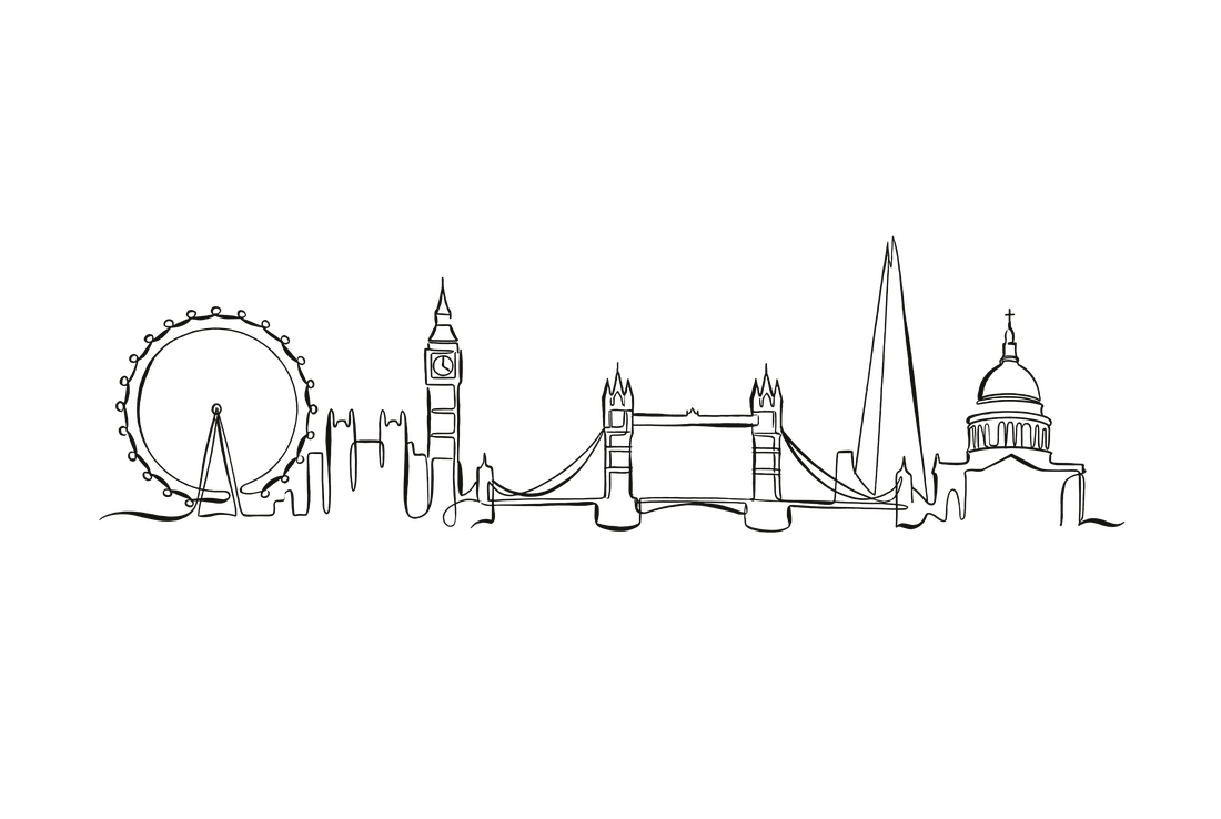London skyline line art — London Eye, Big Ben, Tower Bridge, The Shard, St Paul's.