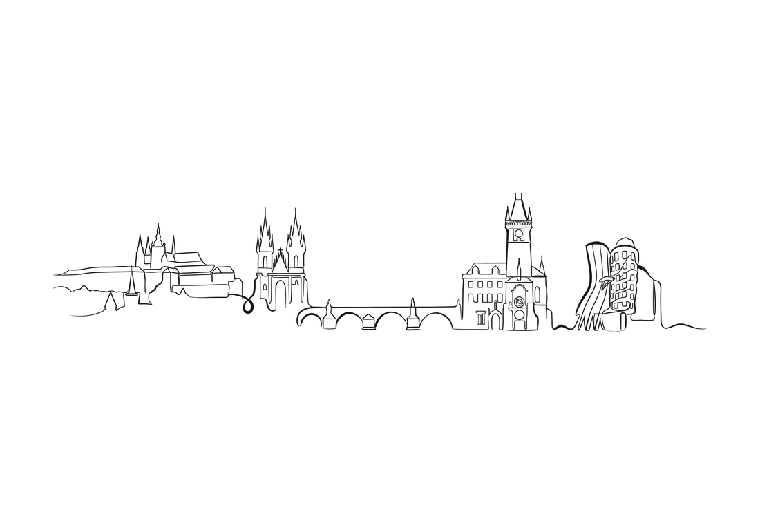 Prague skyline line art — Castle, Týn Church, Old Town clock tower, Charles Bridge.